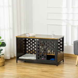PawHut Wooden Cat House End Table Furniture Style Kitty Shelter Bed with Washable Cushion Hideaway Cabinet with Storage Shelf Rustic Brown