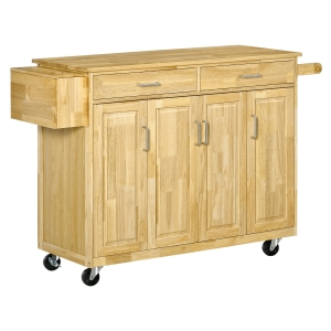 HOMCOM Wooden Rolling Kitchen Island Utility Storage Cart on Wheels with Drawers, Door Cabinets, and Knife Block for Dining Room