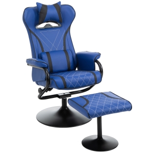 Vinsetto High Back Video Gaming Recliner with Ottoman, Racing Style PC Computer Office Chair, Swivel with Headrest & Lumbar Support, Adjustable Height, Blue/Black