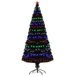 HOMCOM 6ft Tall Fir Artificial Christmas Tree with Realistic Branches, 230 Multi-Color Fiber Optic LED Lights and 230 Tips, Black