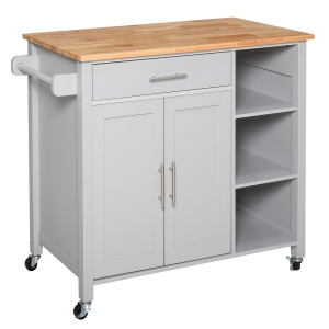 HOMCOM Wooden Rolling Kitchen Island on 360° Swivel Wheels Dining Cart with Drawer for Kitchen, Grey