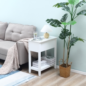 HOMCOM Flip Top End Table, Side Table with Storage Shelf and Cable Management, Narrow Nightstand for Living Room, Bedroom, White