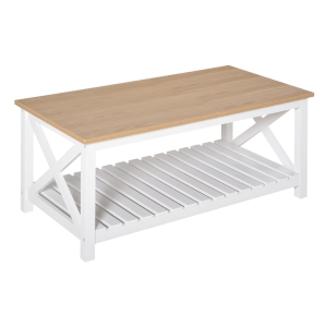 HOMCOM Farmhouse Style Coffee Table with X Bar Frame, Open Slat Wooden Bottom Shelf - Natural/White