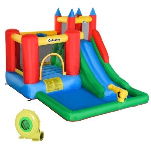 Outsunny 6-in-1 Kids Inflatable Bounce House Jumping Castle with Slide, Water Pool & Climbing Wall, Inflator Included