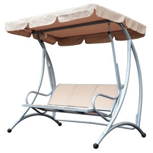 Outsunny 3 Person Steel Outdoor Patio Sling Fabric Swing Chair with Adjustable Canopy - Beige