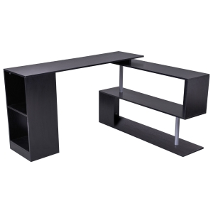 HOMCOM 55" 360° Rotating Corner Computer Desk Modern L-Shaped Home Office Workstation with 3-Tier Storage Shelves, Bookshelf, Black