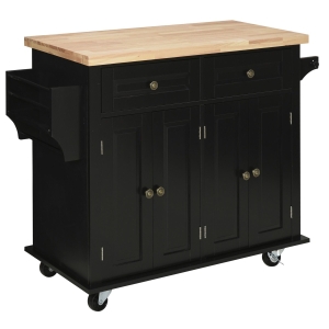 HOMCOM Rolling Kitchen Island Cart on Wheels with Rubber Wood Top, Spice Rack, Towel Rack & Drawers for Dining Room, Black