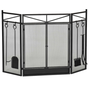 HOMCOM 3-Panel Folding Fireplace Screen with 2 Magnetic Doors and Fire Place Tools Set, Fire Spark Guard for Wood Burning, with Brush, Shovel, Poker, Firewood Tongs, 48" x 0.75", Black