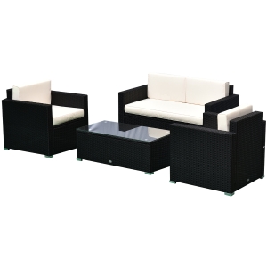 Outsunny 4-Piece Patio Furniture Set Cushioned Outdoor Rattan Wicker Sofa with 2 Chairs, Sofa and Glass Coffee Table - Cream White