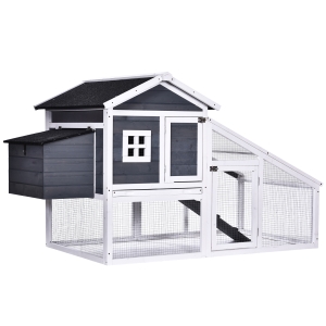 PawHut 69" Chicken Coop Wooden Backyard Poultry Hen Cage, Rabbit Hutch Pen, with Run w/ Nesting Box, Removable Tray for Easy Cleaning, Asphalt Roof, and Safe Lockable Door