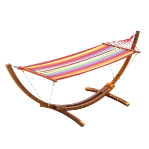 Outsunny Wood Fabric Single Person Hammock Bed with Stand, Relax on the Porch or Deck with a Stylish & Weather-Defiant Design, Multi-color Stripe