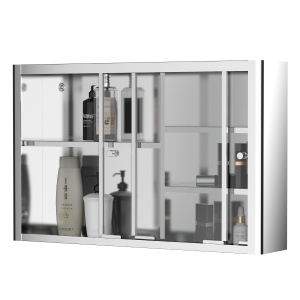 Kleankin 24'' x 15'' Wall Mounted Bathroom Medicine Cabinet Sliding Door with Storage Shelves, Stainless Steel - Silver