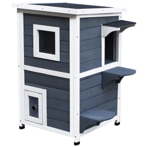PawHut Outdoor Solid Wood 2-Floor Cat Condo Pet House Kitten Shelter with Window - Gray