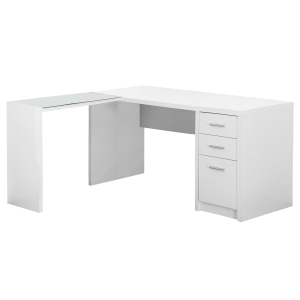 Monarch Contemporary L-Shaped Corner Computer Desk with Storage Drawers, File Drawer and Side Table with Tempered Glass Top - White