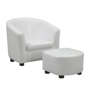 Monarch Kids' Upholstered Leather-Look Barrel Club Chair with Matching Ottoman - White