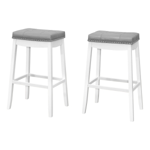 Monarch 2pc Traditional Bar-Height Padded Seat with Tufted Grey Leather-Look Upholstery and Nailhead Trim - White