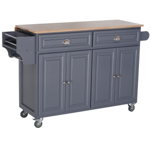 HOMCOM Rolling Kitchen Island on Wheels Ultility Cart with Drop-Leaf and Rubber Wood Countertop, Storage Drawer, Door Cabinet, Grey