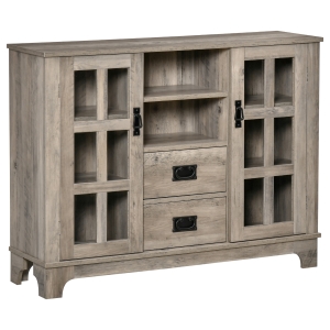 HOMCOM Sideboard Storage Cabinet, Kitchen Cupboard Buffet Server with Glass Doors, 2 Drawers & Adjustable Shelves for Living Room, Grey