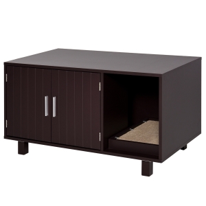 PawHut Indoor Feline Cat Box Furniture Kitty Table w/ Scratch & Magnetic Doors Brown