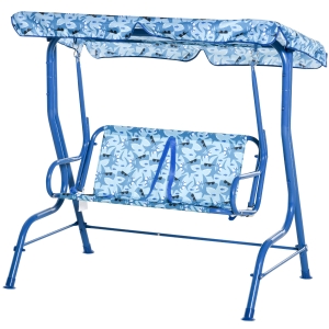 Outsunny 2-Seat Kids Canopy Swing Chair Toddler Outdoor Glider Hammock Lounge with Shade Awning Seat Belt for Porch Backyard Shark Pattern 43" x 27.5" x 43"