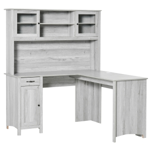 HOMCOM L-Shaped Desk with Hutch, Computer Desk with Drawers, Home Office Corner Desk Study Workstation Table with Storage Cabinets Shelves, Grey