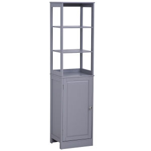 kleankin Tall Bathroom Storage Cabinet, Freestanding Linen Tower with 3-Tier Open Shelf and Cupboard, Slim Floor Organizer, Grey