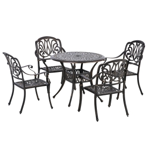 Outsunny 5-Piece Outdoor Patio Dining Set with 4 Armchairs & 1 Table, featuring Intricate Scrollwork & an Umbrella Hole