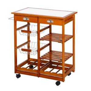 HOMCOM Wooden Rolling Kitchen Cart Tile Counter Top Utility Trolley with Towel Rack, 2 Drawers, 2 Shelves, Wire Baskets & Wine Rack, Natural