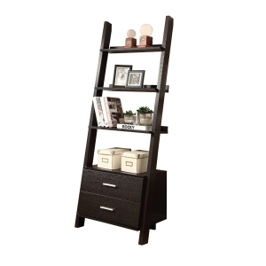 Monarch 69" Contemporary Wood Grain-Look 4-Shelf Ladder Bookcase with Storage Drawers - Cappuccino Brown Finish