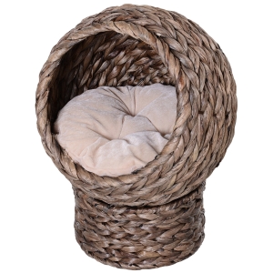 PawHut Braided Water Hyacinth Elevated Cat House W/ Mat Kitten Basket Bed 23.5"