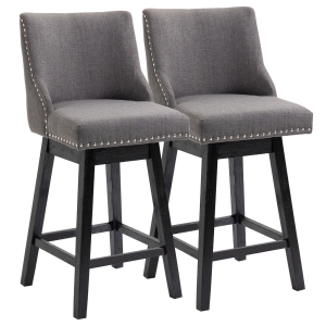HOMCOM 28" Swivel Bar Height Bar Stools Set of 2, Armless Upholstered Barstools Chairs with Nailhead Trim and Wood Legs, Dark Grey