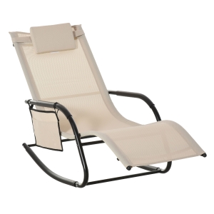 Outsunny Outdoor Rocking Chair, Patio Sling Sun Lounger, Pocket, Recliner Rocker, Lounge Chair with Detachable Pillow for Deck, Garden or Pool, Cream White