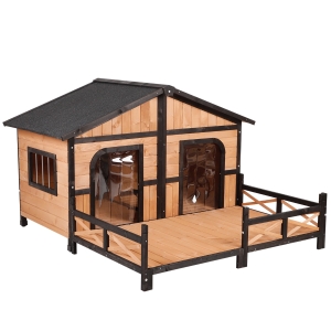 PawHut 59"x64"x39" Wooden Raised Large Dog House Weatherproof Rustic Log Cabin Style Elevated Pet Shelter Nap Porch Deck Natural Wood Color