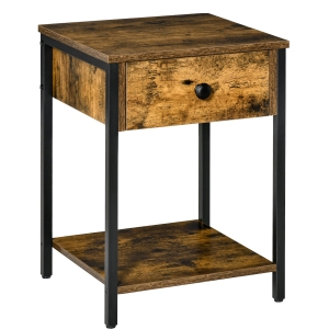 HOMCOM Industrial Side Table with Storage Shelf, Accent Table with Drawer for Living Room, or Bedroom, Rustic Brown