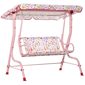 Outsunny 2-Seat Kids Canopy Swing Chair Toddler Outdoor Glider Hammock Lounge with Shade Awning Seat Belt for Porch Backyard Animal Pattern 43" x 27.5" x 43"
