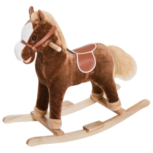Qaba Kids Plush Toy Rocking Horse Ride on with Realistic Sounds - Brown