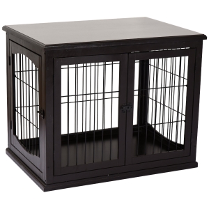 PawHut 26'' Wooden Decorative Dog Cage Pet Crate Kennel with Double Door Entrance & a Simple Modern Design - Dark Coffee