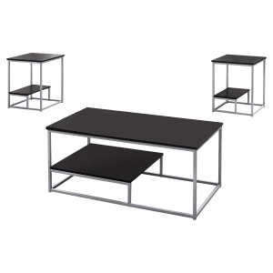 Monarch 3 Piece Modern Minimalist Smooth Laminate Top Coffee Table / Two Matching End Tables Set - Cappuccino / Silver
