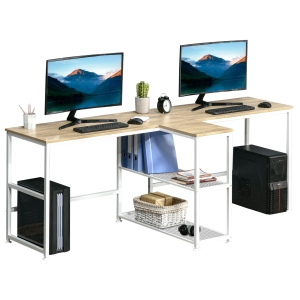 HOMCOM 83'' Two Person Desk w/ Storage Shelves, Computer Office Double Desk, Writing Table - Natural