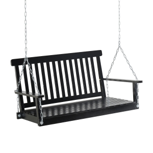 Outsunny 2 Seater Outdoor Porch Swing Chair Seat with Slat Design, Hanging Chains Wooden Hammock Bench for Garden Patio Yard, Black