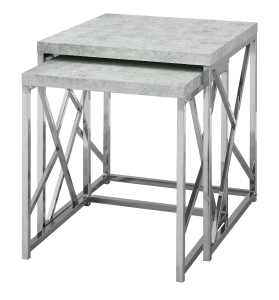 Monarch 2 Piece Contemporary Polished Chrome Metal Frame Accent Side End Nesting Table Set - Grey Cement-Look Finish