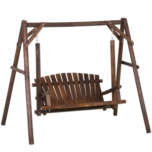 Outsunny 6.5' Outdoor Rustic Loveseat 2 Person Freestanding Solid Wood Natural Log Garden Swing Carbonized