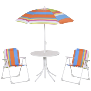 Outsunny Kids Folding Picnic Table and Chair Set Color Stripes Outdoor Garden Patio Backyard with Removable & Height Adjustable Sun Umbrella - Multi