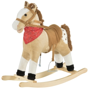 Qaba Kids Plush Ride-On Rocking Horse Toy Cowboy Rocker with Fun Realistic Sounds for Child 3-8 Years Old - Beige