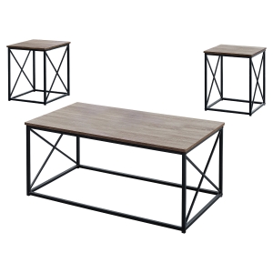 Monarch 3 Piece Modern Minimalist X Braced Wood-Look Top Coffee Table / Two Matching End Tables Set - Dark Taupe / Black Metal