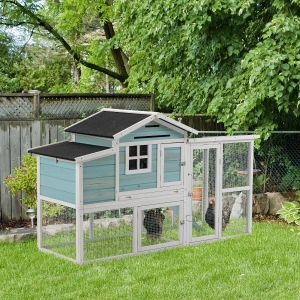 PawHut 76" Wooden Chicken Coop, Outdoor Hen House Poultry Cage with Outdoor Run, Nesting Box, Removable Tray and Lockable Doors, Blue