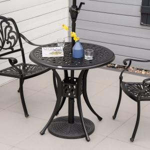 Outsunny 30-inch Round Patio Dining Table with Umbrella Hole Antique Cast Aluminium Outdoor Bistro Table, Black