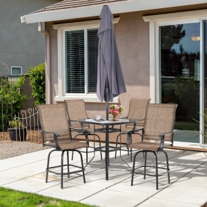 Outsunny 5 Pieces Patio Furniture Set, Outdoor Garden Conversation Set with Tempered Glass Table, 4 Swivel Chairs and Umbrella Hole, Brown