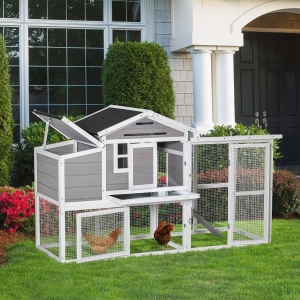 PawHut 76" Wooden Chicken Coop, Outdoor Hen House Poultry Cage with Outdoor Run, Nesting Box, Removable Tray and Lockable Doors, Grey
