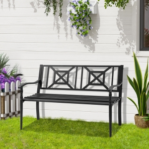 HOMCOM Steel Garden Bench for Outdoor, 2-person Patio Bench, Loveseat Furniture for Lawn, Deck, Yard, Porch, Entryway, Black